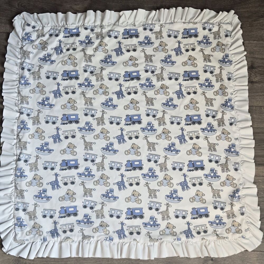 Bognar & Piccolini Luxury Baby Blanket Blue Trains Giraffes Boats Ruffle 26x26